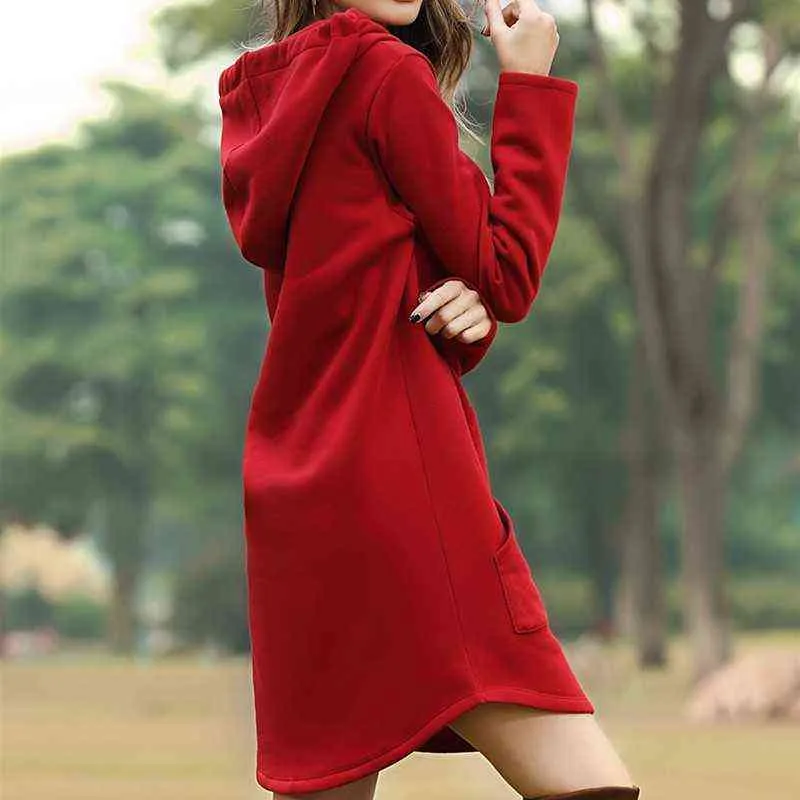 Kobiety Loose Long Hoodie Solidna Czerwona Bluza Bluzy Moda Dorywczo Jesień Kieszonkowy Sznurek Długim Rękawem Bluza Dress Kobieta 211109