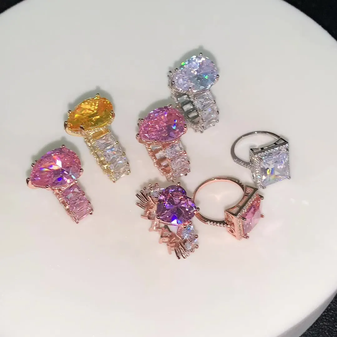 Novos anéis de pedra de sotaque de pera de pera rosa de ouro rosa cortado cz full cz wedding lutrow grow pink rinky ring for women 2026970254