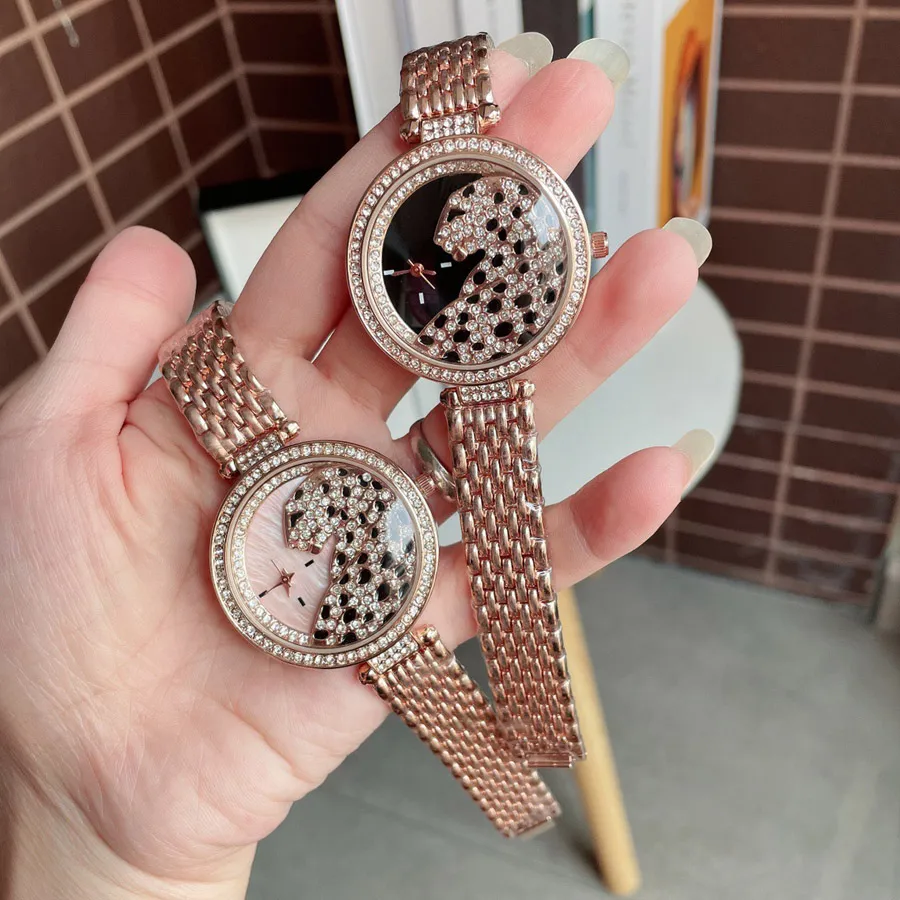 Marca de moda relógios feminino menina colorido cristal leopardo estilo aço banda metal bonito relógio pulso c63226i