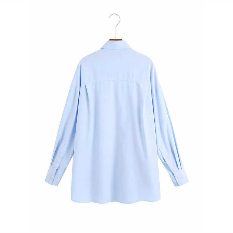 ZA Ripped Pocket Shirt Women Plus Size Loose Long Sleeve Asymmetric Top Female Fashion Side Vents Long Sky Blue Shirts 210602