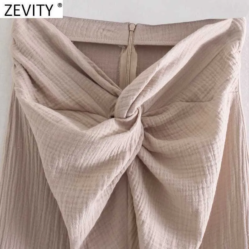 Zevity Femmes Mode Solide Noué Conception Split Sarong Une Ligne Jupe Faldas Mujer Femme Retour Zipper Été Midi Vestidos QUN770 210721