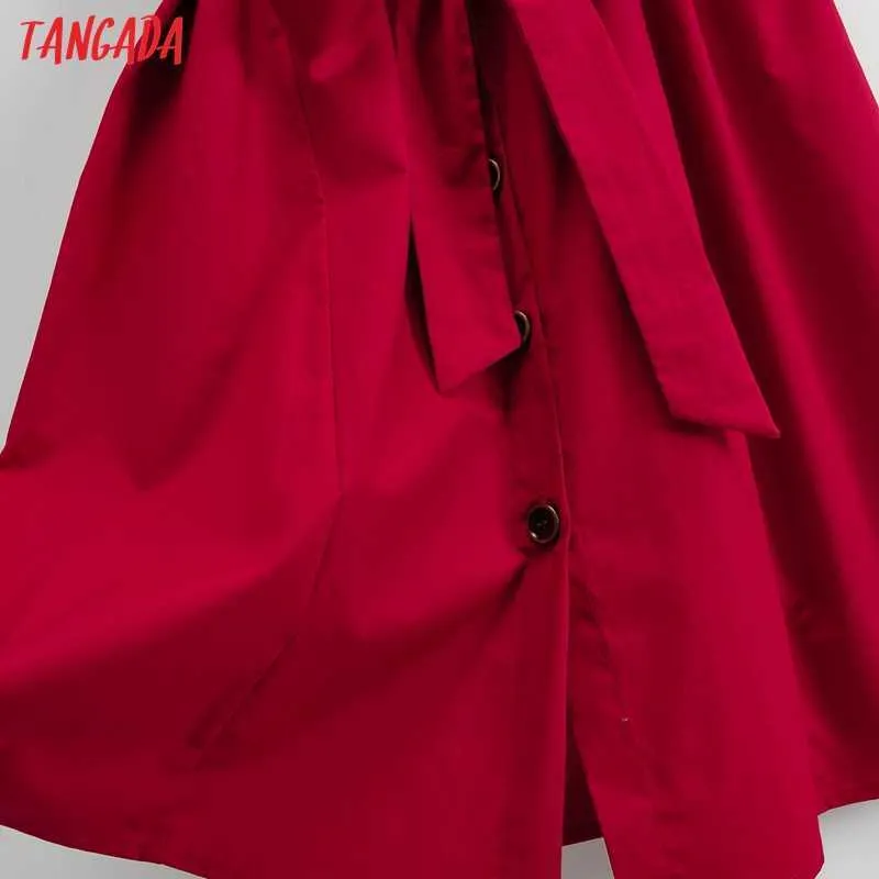 Tangada Women Solid Red Sundress con cinturino Slash Regola senza maniche Summer Fashion Lady Abiti Vestido SY230 210609