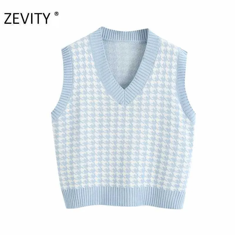 Zevity女性のファッションVネック千鳥格子縞パッチワークベストジャケットオフィスレディースノースリーブカジュアルスリムウエストコートトップスS378 210603