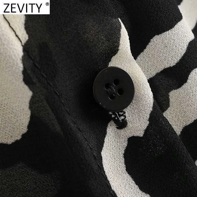Zevity Women Sexy Off Shoulder Animal Pattern Print Chiffon Smock Blouse Office Lady Breasted Shirt Chic Blusas Tops LS7448 210603