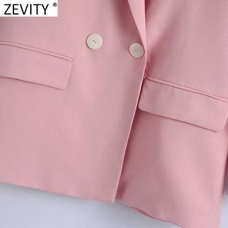 Zevity Women Elegant Double Breasted Casual Pink Blazer Coat Vintage Long Sleeve Suits Female Outerwear Chic Business Tops CT701 210927