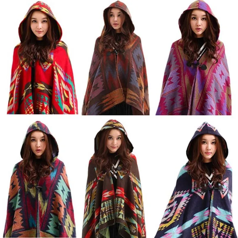 Fashion Women Winter Poncho Ethnic Printed oodie Cape Bohemia Acrylic Wool Shawl Scarf Ladies Sweater Fringe Hooded236u