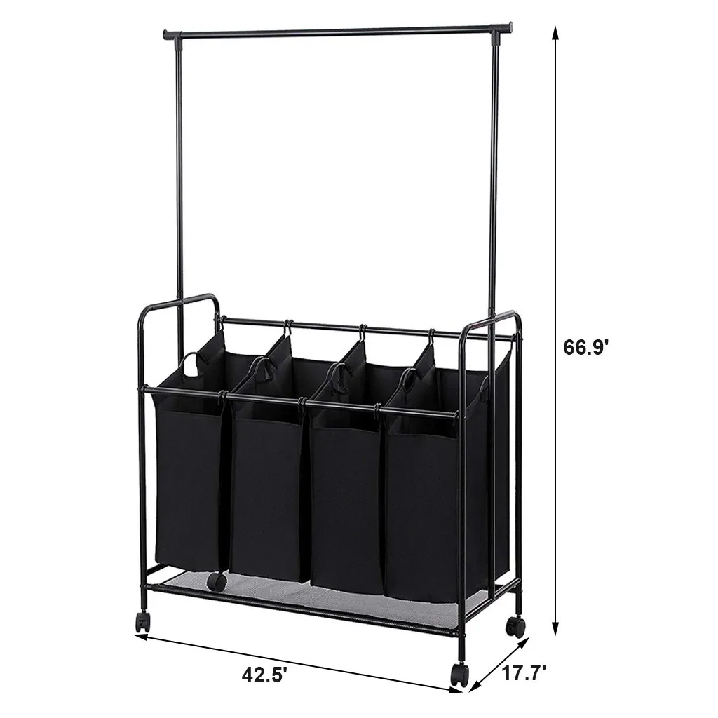 더러운 옷에 대 한 세탁 바구니 주최자 세탁 햄퍼 큰 분류기 4bag 그리드 휠 저장 카트와 접이식 바구니 210316
