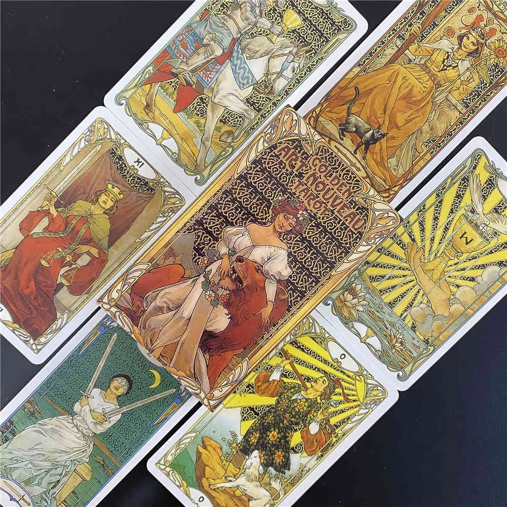 Nuove carte dei Tarocchi dorate in stile Art Nouveau Gioco da tavolo Divinazione inglese Vacanza Regalo di famiglia Carta da gioco feste