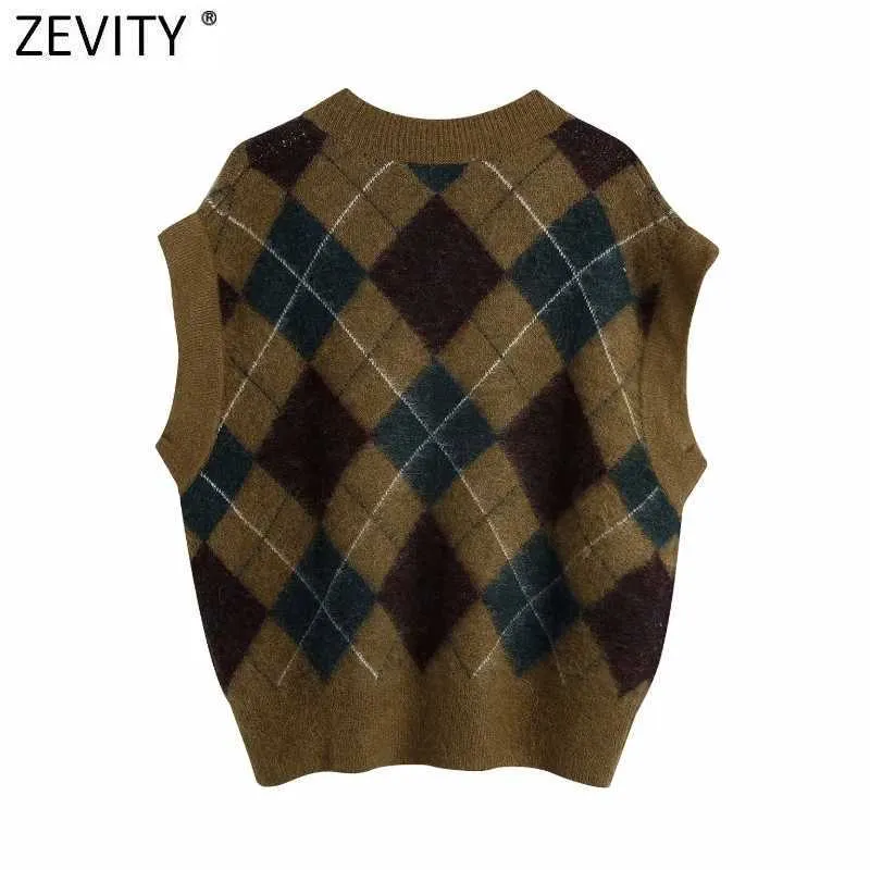 Zevity Donna Vintage Scollo a V Reticolo Rombico Casual Maglione Maglia Maglione Donna Chic Gilet Pullover Retro Maglione Top S499 210603