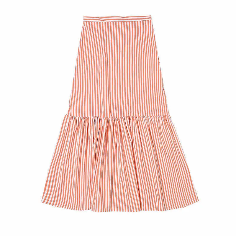 [DEAT] Summer Fashion Sleeveless V-neck Stripe Tops Knee-length A-line Skirts Women Two-piece Suit 13Q584 210527