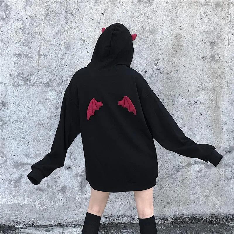 Joinyouth Plus Size Dames BF-stijl Hooded Sweatshirt Devil Wing Causal Oversize Hoody Herfst Winter Fleece Thicken Hoodies 56709 201102