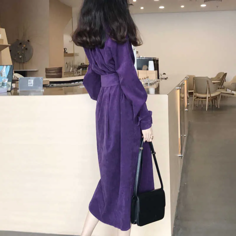 PERHAPS U Khaki Purple Turn Down Collar Corduroy Long Sleeve Sash Knee Length Dress Elegant Winter Autumn Fall D0860 210529
