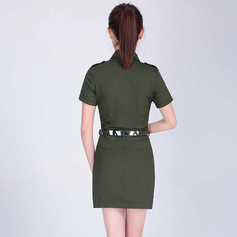 Mini abito estivo da donna Colletto rovesciato Manica corta Verde militare Abbigliamento streetwear 3XL 4XL Abiti taglie forti con cintura 210625