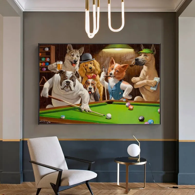 Смешные животные плакат аниме мультфильм Pet Dog Бильярд играет шары холст роспись современного стены искусства для гостиной домашнего декора