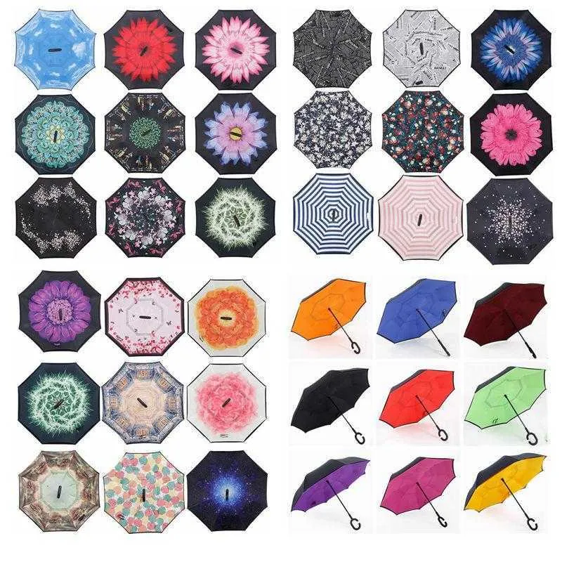 Parapluie inversé créatif soleil pluie parapluie à long manche inversé coupe-vent double couche inversé Chuva parapluie C-crochet mains SEA Way DAP288