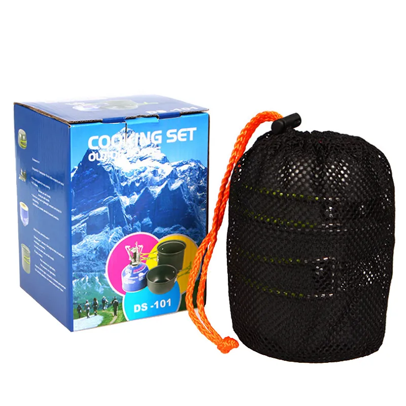 Set di pentole da campeggio forniture da esterno, facile da trasportare 1-2 persone, set di fornelli da picnic con scatola colorata 285h