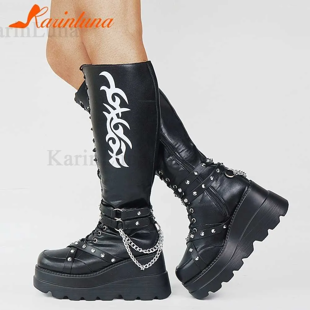 Märke Design Gothic Style Ins Hot Fashion Boots Kvinnor Skor Svart Wedges High Heels Buckles Platform Boots Kvinna Plus Storlek 50 Y0914