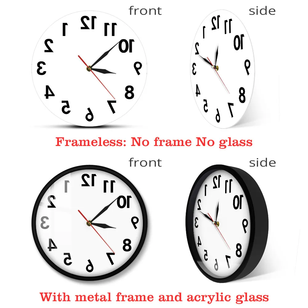 Reverse Wall Clock Ongebruikelijke nummers achteruit Modern Decoratieve wijzerplaat kijken Uitstekend Timepiece voor uw muur 210310
