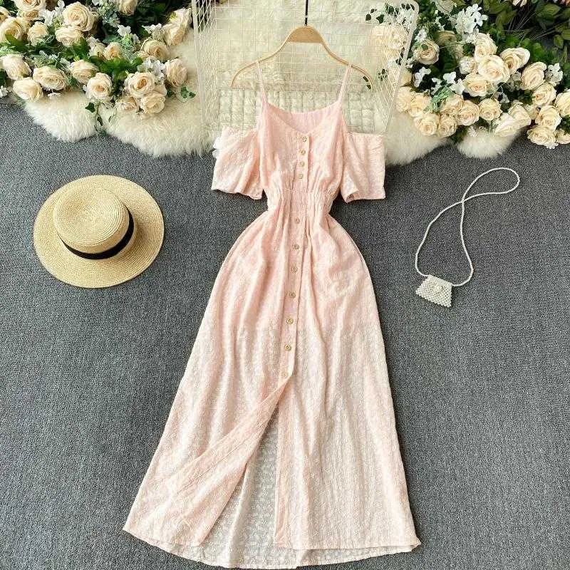 DEAT Women Hollow Out Off Shoulder Single Breasted Suspender Dress Square Collar Slim Midi Fashion Spring Summer 11B713 210709