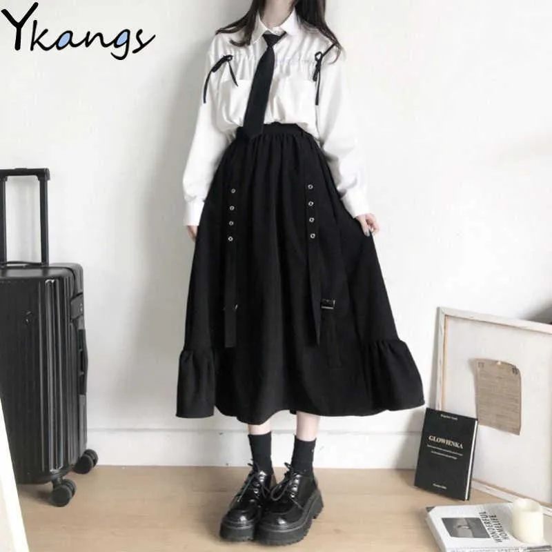 Moda coreana Mujeres A-Line Faldas Vintage Streeetwear Camisas de manga larga con corbata Trajes de 3 piezas Trajes Ulzzang japoneses Set 210619