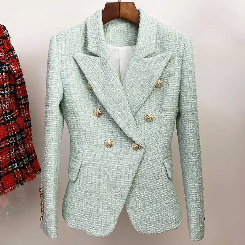 HIGH STREET est Designer Veste Femme Classique Boutons Métalliques Double Boutonnage Tweed Blazer Vert Menthe 211006