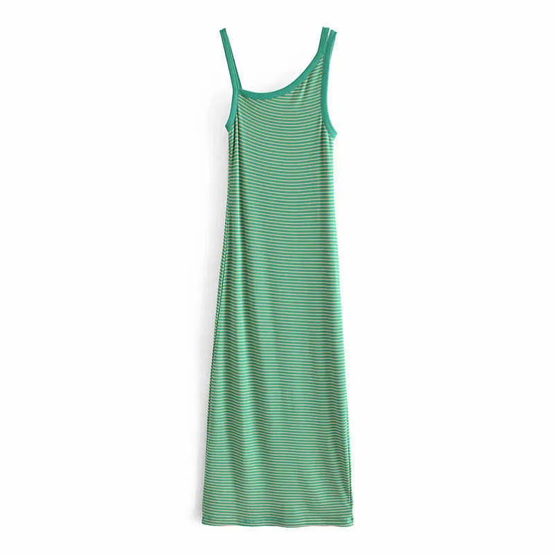 ZA Abito estivo in maglia a righe Abito da donna senza maniche con spalline sottili Abito da festa asimmetrico Donna Abito lungo verde vintage slim 210602