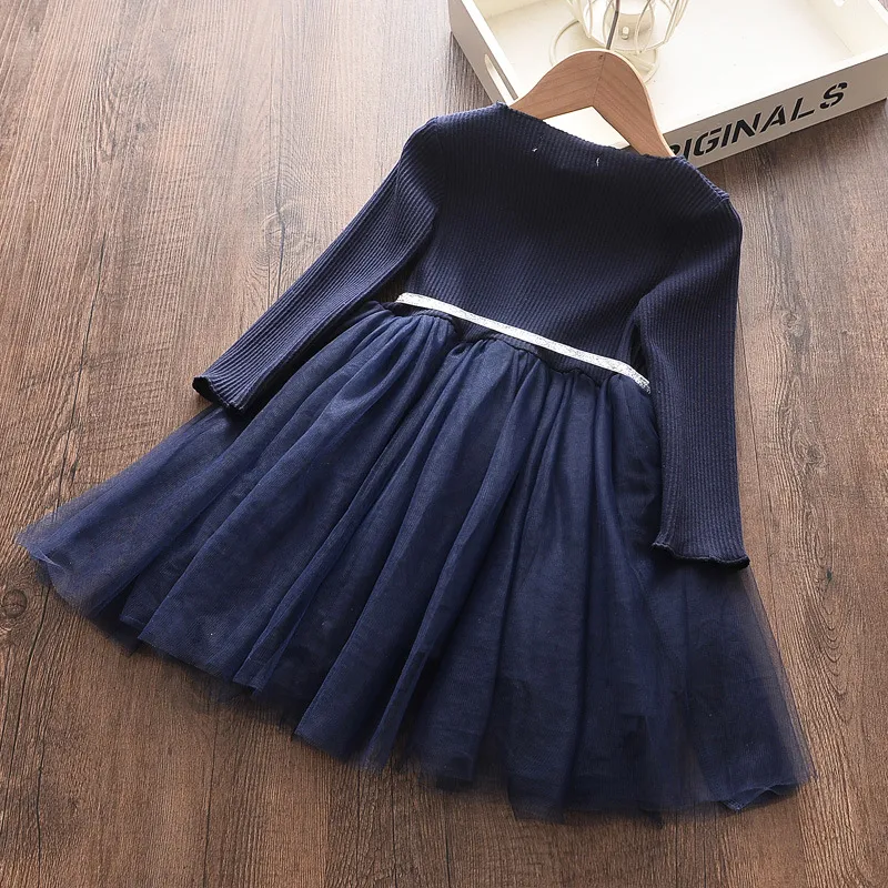Five-Pointed Star Princess Dress Autumn Spring Knitting Mesh Baby Girls Dress Long Sleeve Birthday Clothing Vestido With Sashes 210317