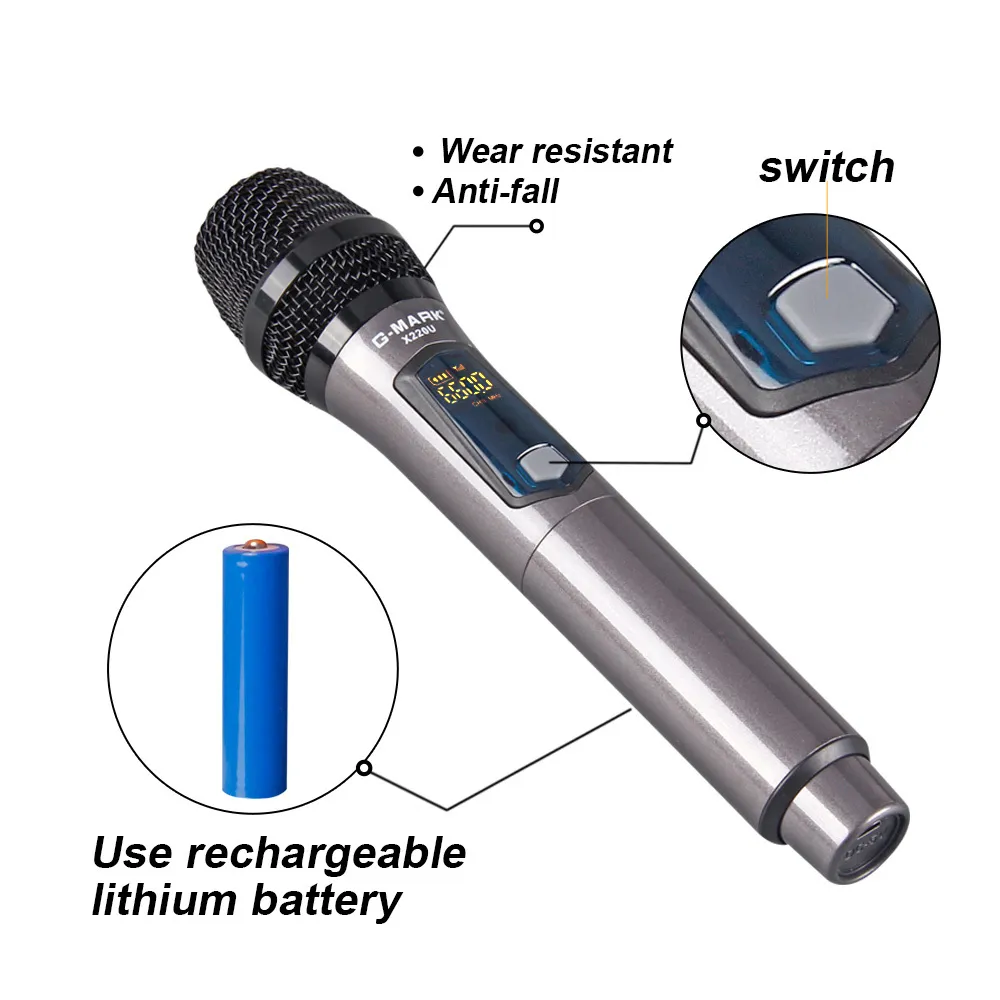 G-mark x220u uhf draadloze microfoon opname karaoke handheld 2 kanaal lithium batterij 50m ontvangende afstand