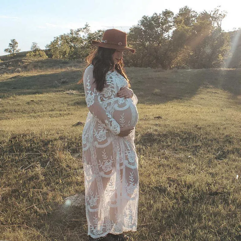SMDPPWDBB Summer Boho Women Maxi Gown Dress Loose Embroidery White Lace Long Tunic Beach Dress Maternity Photography Props Y0924