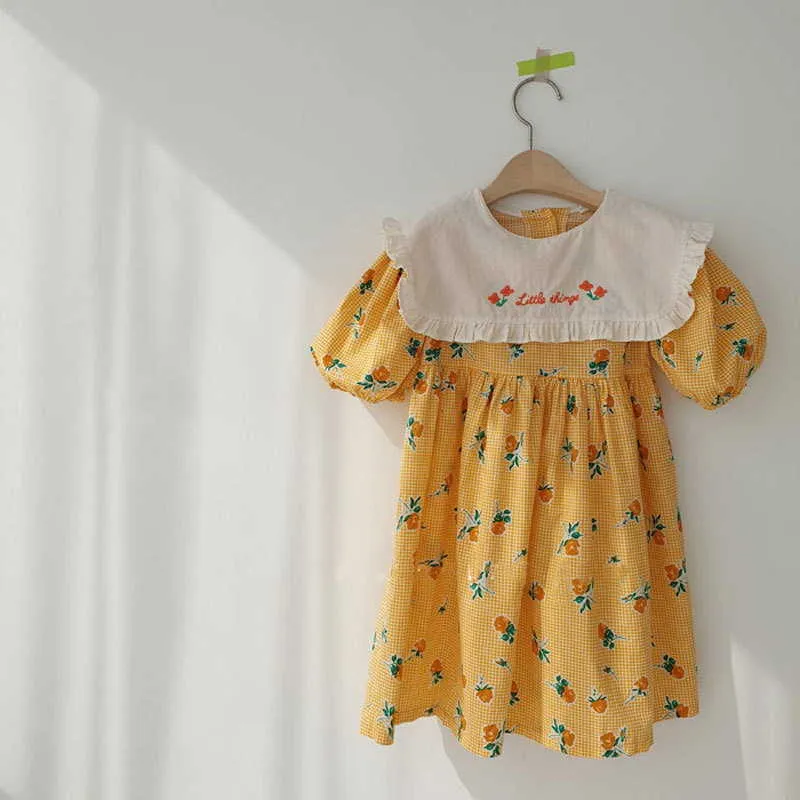 Koreanischer Stil Sommer Kinder Mädchen Kleid Gelb Rosa Blumen Kurze Puffärmel Umlegekragen Stickerei 1-6 Jahre E36 210610