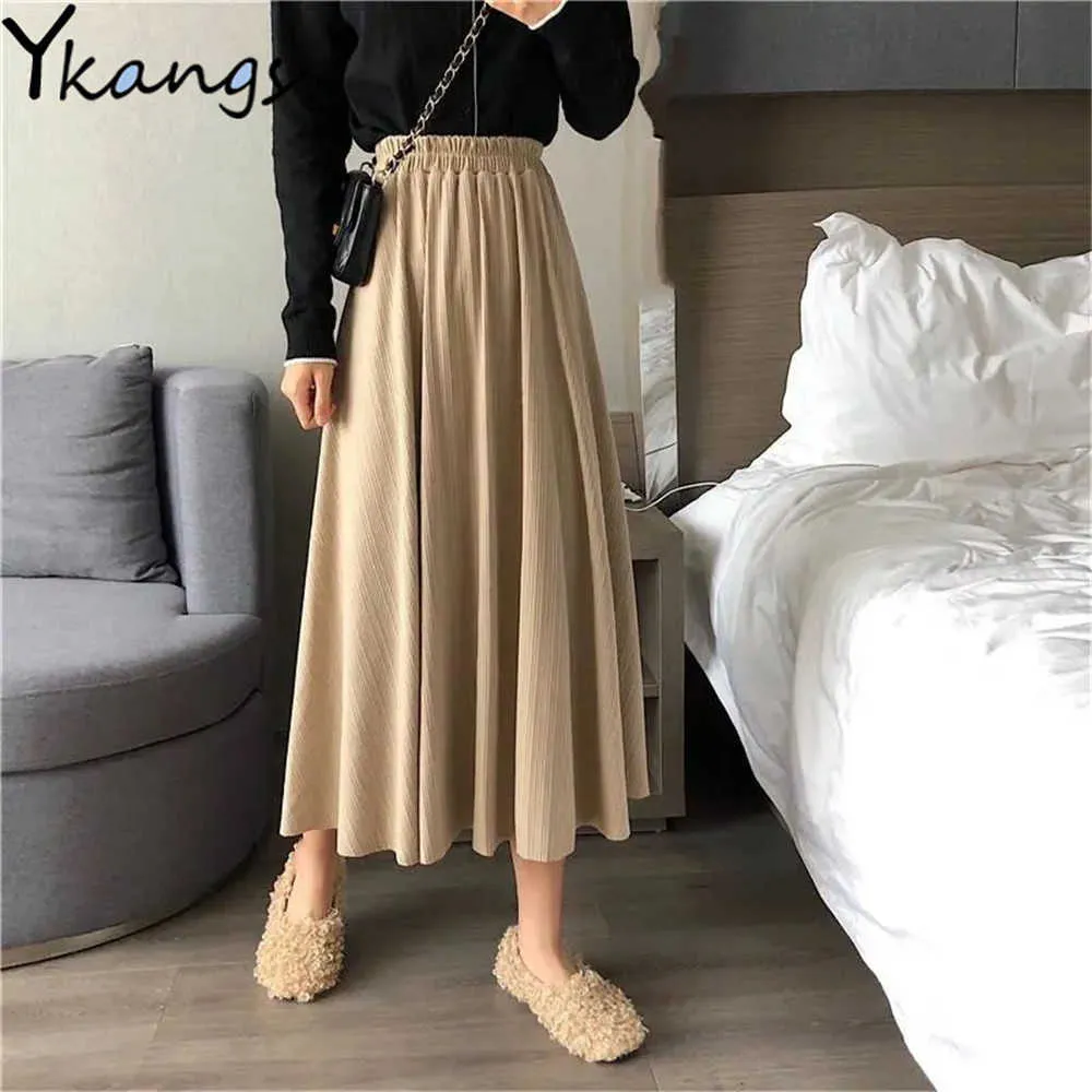 Vintage casual svart kjol kvinnors höst och vinter hög midja smal lång a-line koreansk harajuku enkel kjol streetwear 210619