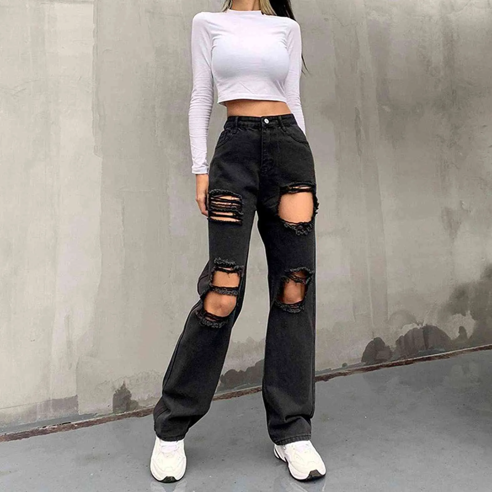 Jeans déchirés pour femmes taille haute Baggy Boyfriend Pantalon Y2K Teen Girls Straight Leg Vintage Denim Black Pantalon 211129