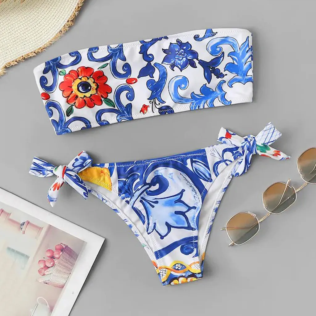 Stroje kąpielowe Kobiety Kancoold Kobiety Ubrania Seksowny Bez Ramiączek Słonecznik Print Dwuczęściowy Garnitury Dziewczyny Off Ramię Push Up Summer Swimsuit