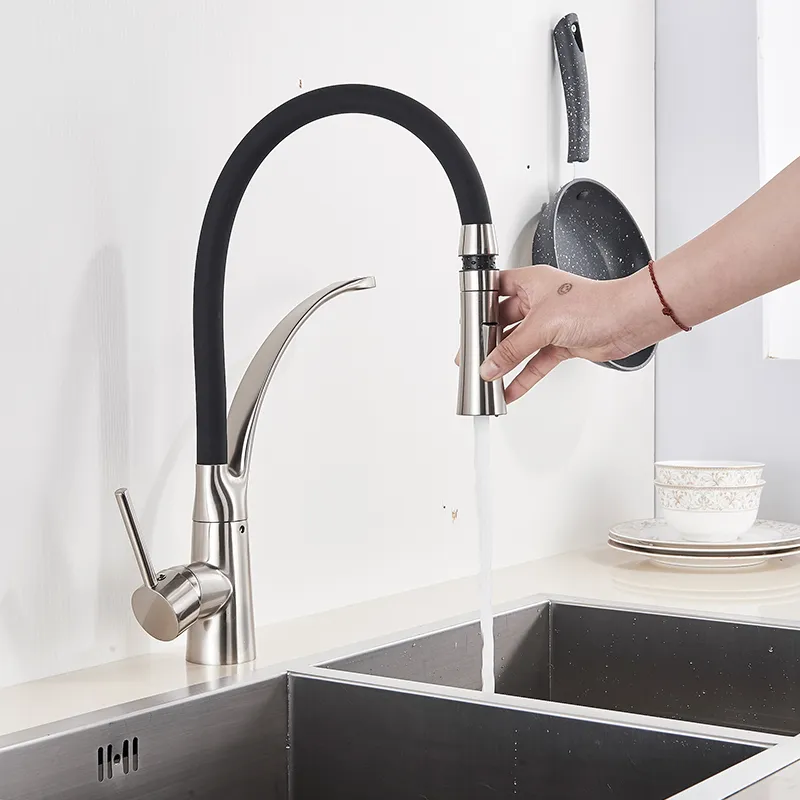 Chrome Rubber Kitchen Faucet Mixer Tap Rotation Pull Down Stream Sprayer Taps Cold Water Tap with Single Handle Kitchen Tap257p