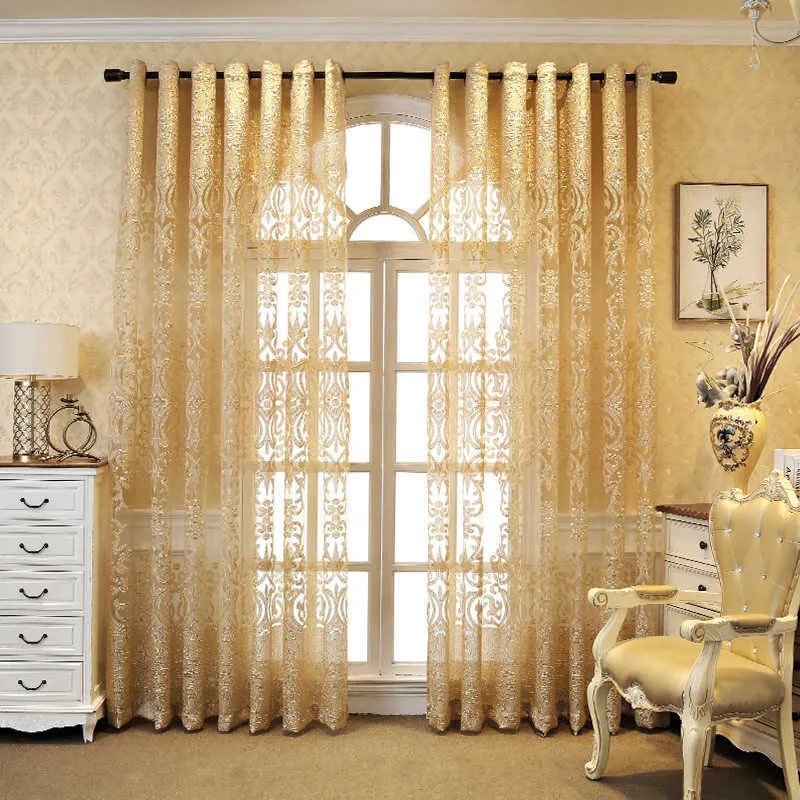 European Luxury Dark Golden Embroidered Tulle Curtain Jacquard Sheer Panel For Living Room Bedroom Royal Home Decor ZH431#4 210903