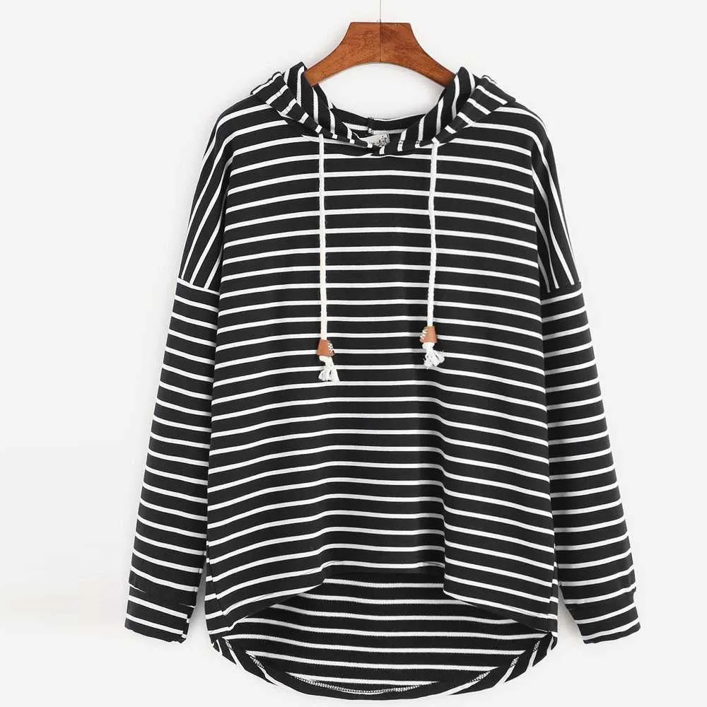 Zogaa mode kvinnor hoodies damer stripe tryckta tröjor avslappnad streetwear lös plus storlek kvinna hooded pullover 210813