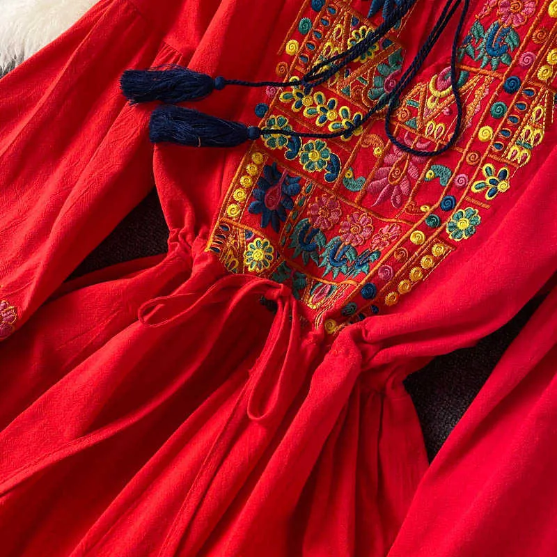البوهيمي الأحمر / الأصفر / الأزرق مطرز اللباس المرأة عطلة الشاطئ vestidos ربيع الخريف خمر ميدي رداء أنثى 2021 جديد أزياء Y0603