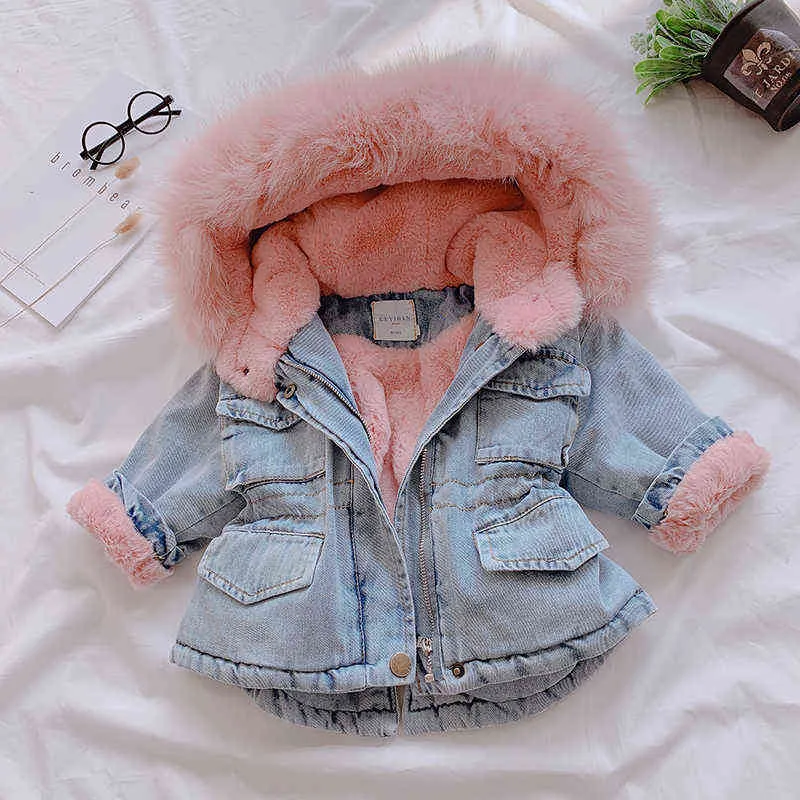 OLEKID Winter Baby Girl Denim Jacket Plus Velours Véritable Fourrure Chaud Manteau d'extérieur pour tout-petits 1-5 ans Enfants Parka pour bébé 211204