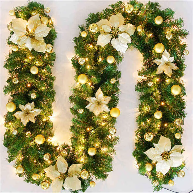 2.7mの高級クリスマスLED Rattan Garlandの装飾ライトの花緑の人工的なクリスマスツリーバナーパーティーの装飾リース211104