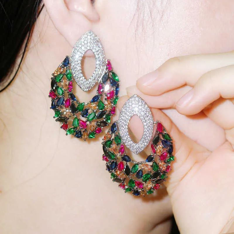Orecchini multicolori unici con zirconi cubici a goccia lunga Grandi orecchini di lusso le donne Designer di gioielli da sposa da sposa CZ742 210714