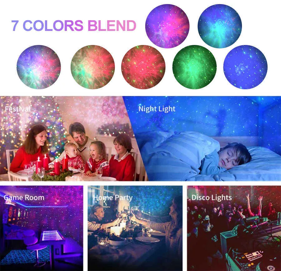 Laser Galaxy Starry Sky Projector Rotating Water Waving Night Light LED Färgglada Nebula Cloud Lamp Atmospher Sovrum bredvid lampa H0922