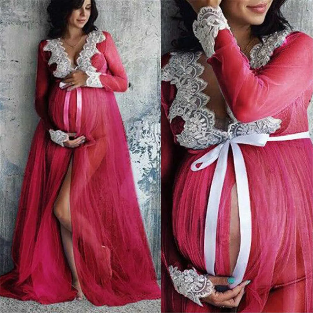 Robe de maternité dentelle col en v évider robes de maternité pour séance Photo femme enceinte vêtements longue longueur accessoires de photographie Q0713