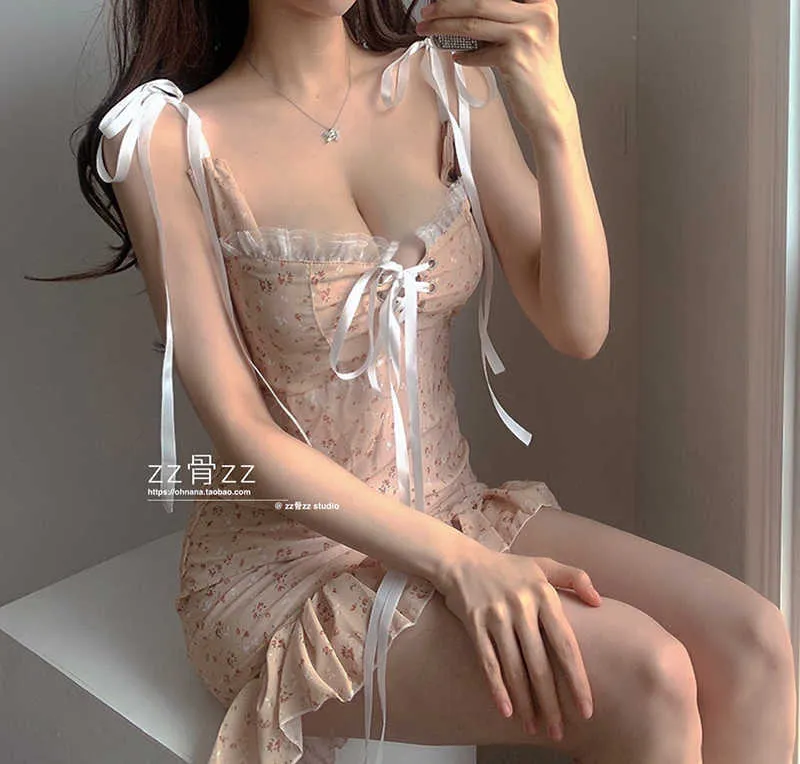 WOMENGAGA Français Ruffle Sweet Girlish Lace Mesh Bandage Floral Tank Mini Summer Strap Robe Robes Coréenne Femmes Vêtements Y2k 8E 210603