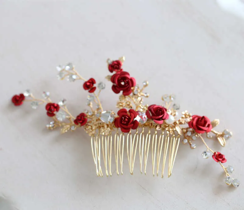 Jonnafe rouge Rose casque à fleurs pour les femmes bal mariée cheveux peigne accessoires à la main bijoux de mariage 2110192730