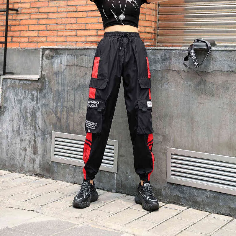 YBYR Cargobyxor med hög midja för kvinnor Mode Sport Löst Harajuku Patchwork BF Elastik Byxor Streetwear 211124