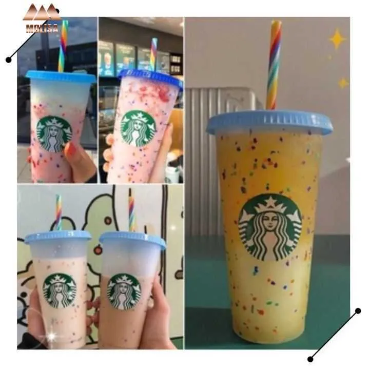 Nuovo bicchiere di plastica riutilizzabile lucido in polvere lucido con coperchio e paglia Starbucks tazza, fl oz, o di colore che cambia colore Regali di tazza