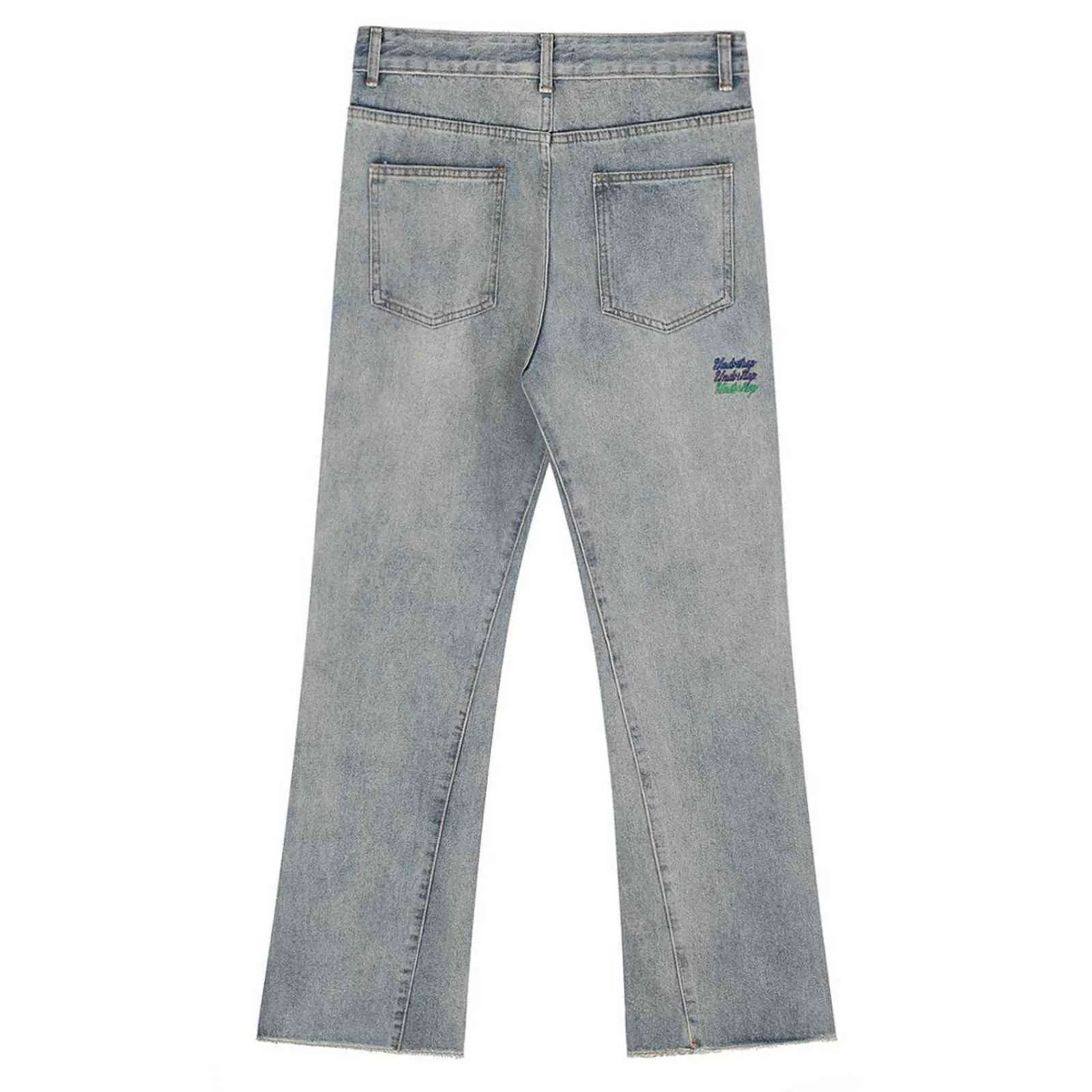 shec Jeans svasati con bordo grezzo ricamato Pantaloni da uomo / donna a vita alta Streetwear Hip Hop Denim a gamba larga svasato 211108