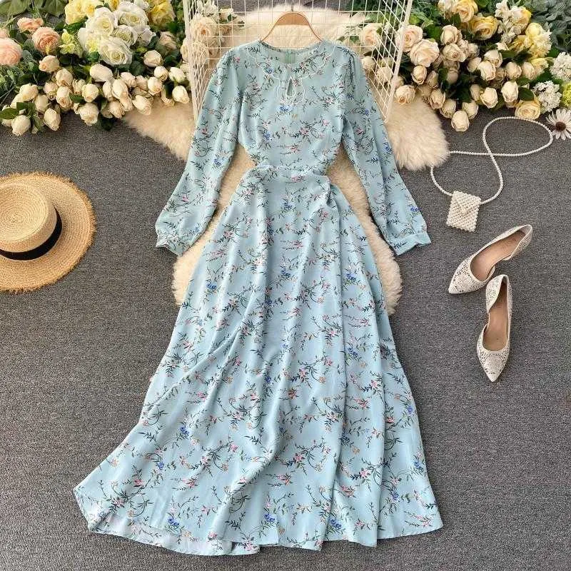 Dame Elegantes Blaues Blumendruckkleid Damenmode Rundhalsausschnitt Ausgehöhlte Langarm A-Linie Vestidos N720 210527