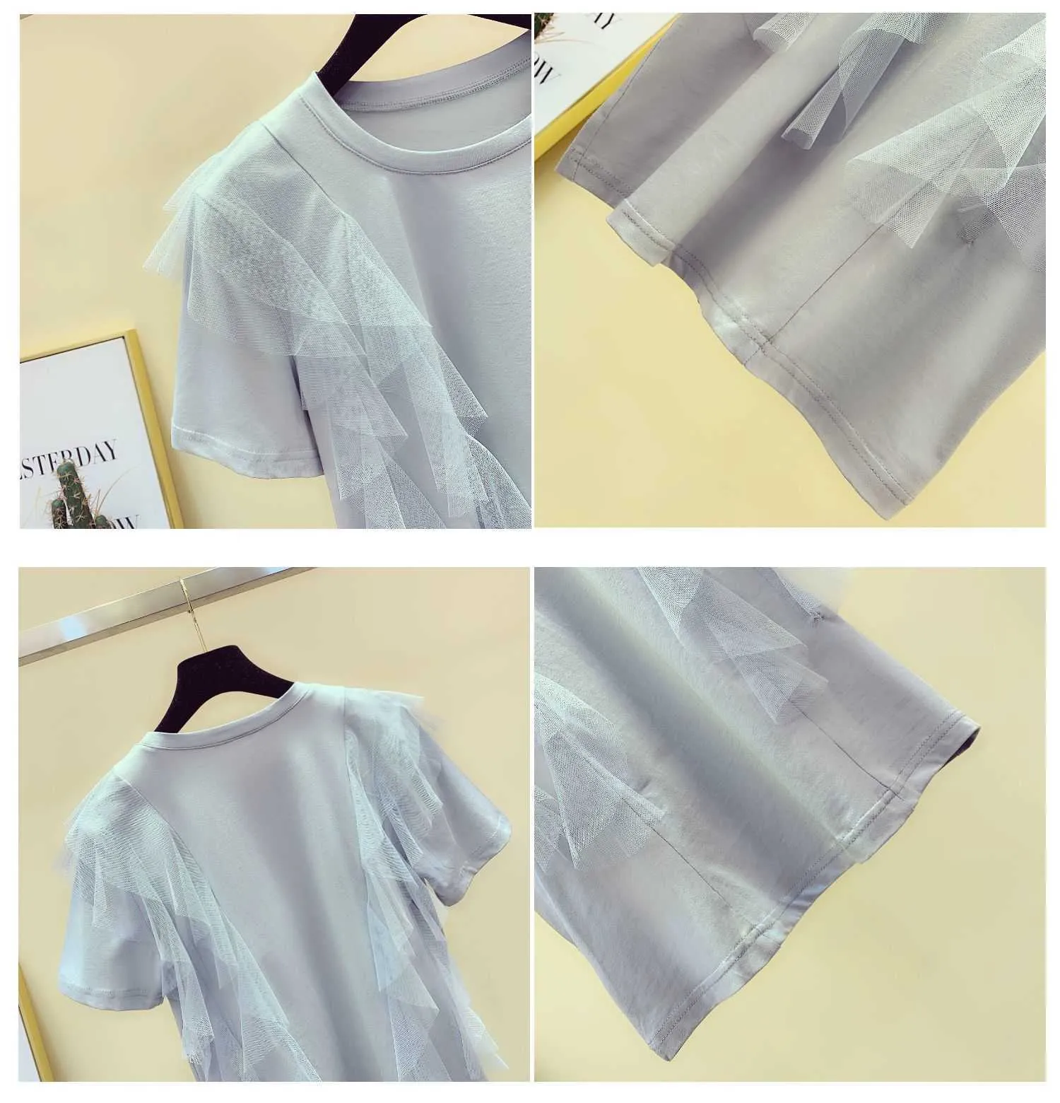 Mesh Couture T-shirts Femmes Coton à manches courtes Col rond Dames Summer Style coréen Ops 210615