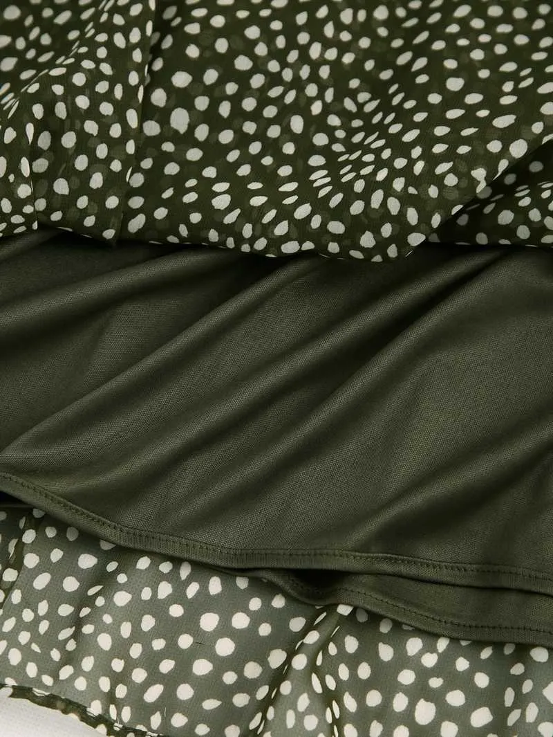 女性のロングドレスなしベルト秋のファッションドットは、フェミニノのヴェスディドの中の裏地付きのVネックを印刷します現代の女性のドレス210602